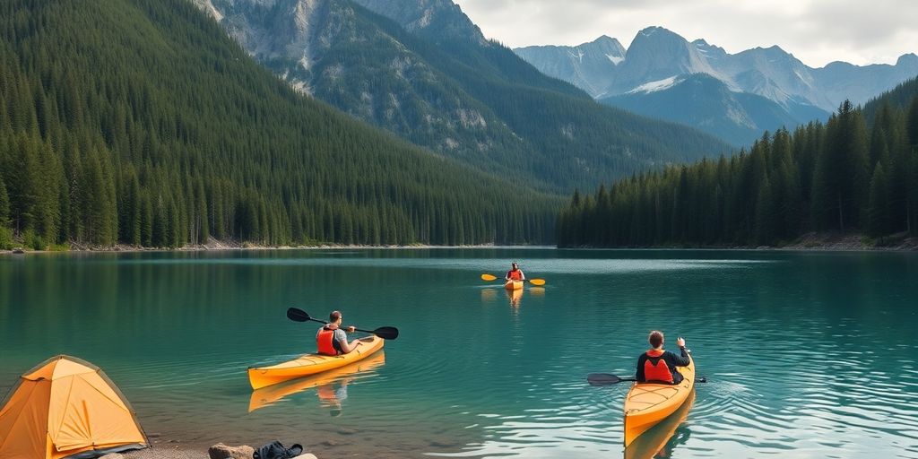 Kayakers on a tranquil lake with camping gear nearby.