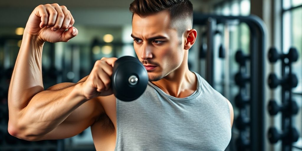 Muscular person doing bicep curls with dumbbells.