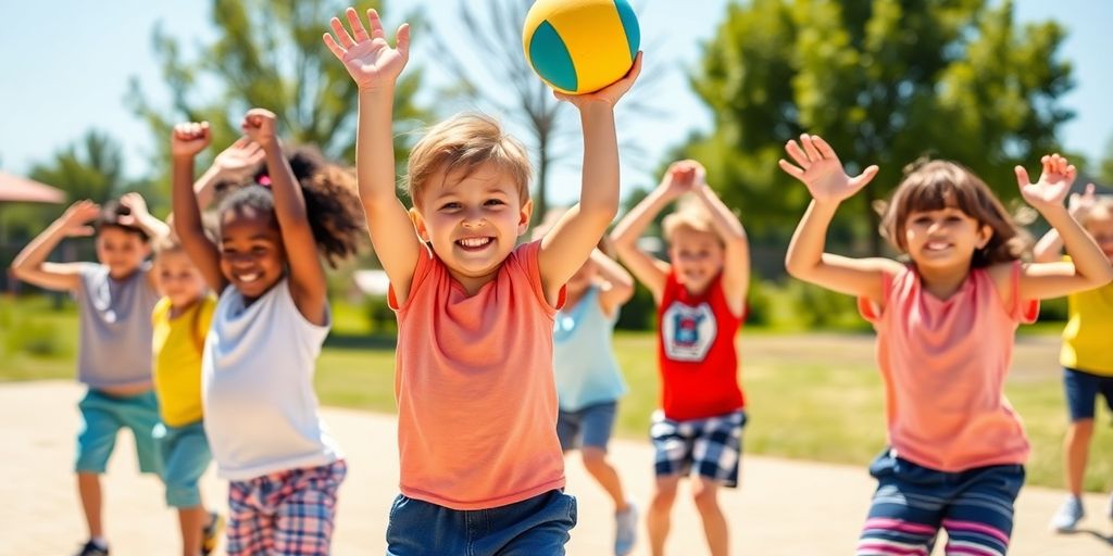 Kids exercising outdoors with balls and stretching together.