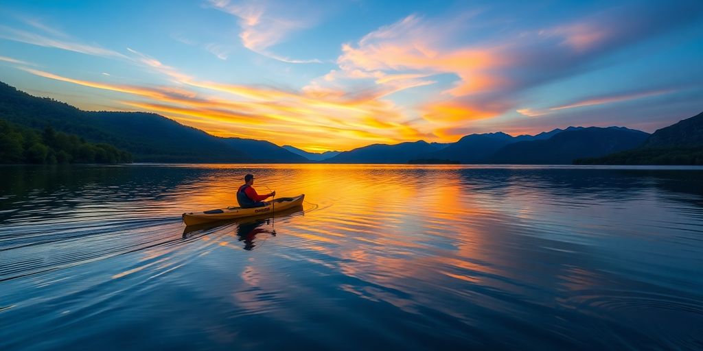 A kayaker fishing on a tranquil freshwater lake.