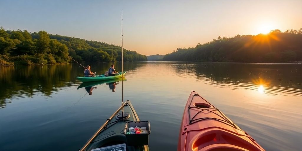 Kayak fishing scene with gear and serene lake.