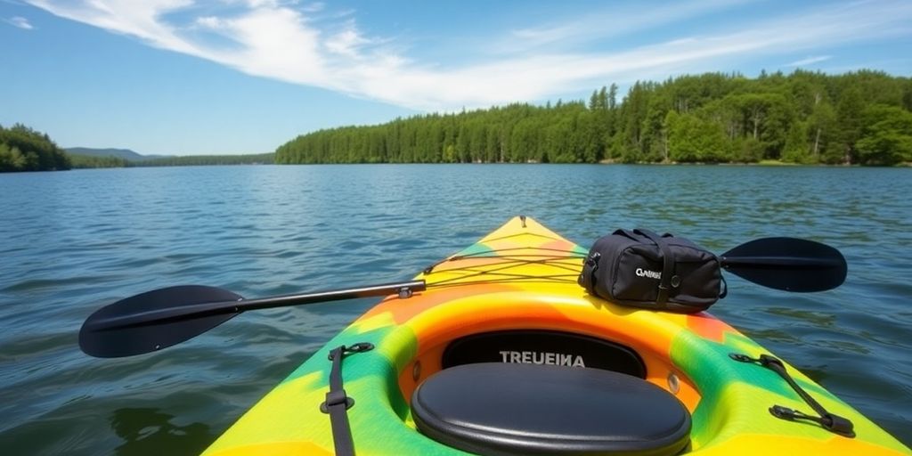 Colorful kayak on a calm lake with trees.