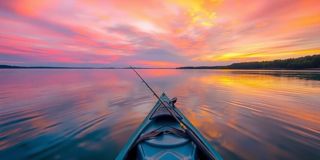 Beginner fishing kayak on a calm lake at sunrise.