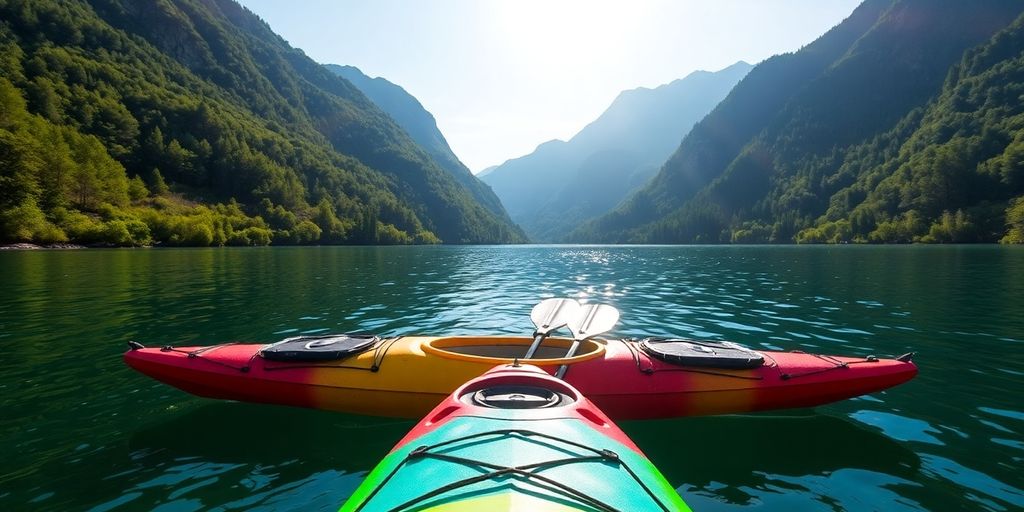 Colorful kayak ready for adventure on a tranquil lake.