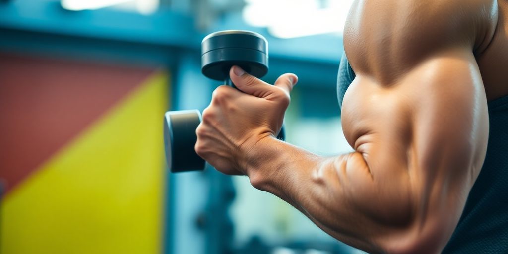 Person doing bicep curls with dumbbells in gym.