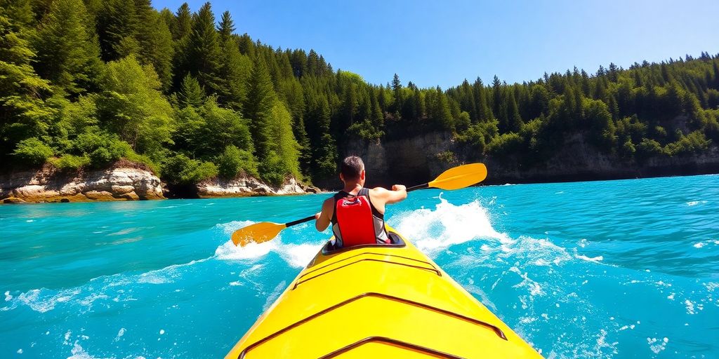 A kayaker paddling through clear blue waters.