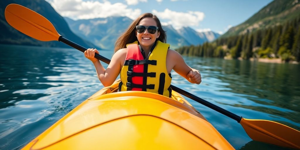 Kayaker paddling on calm water with scenic mountains.