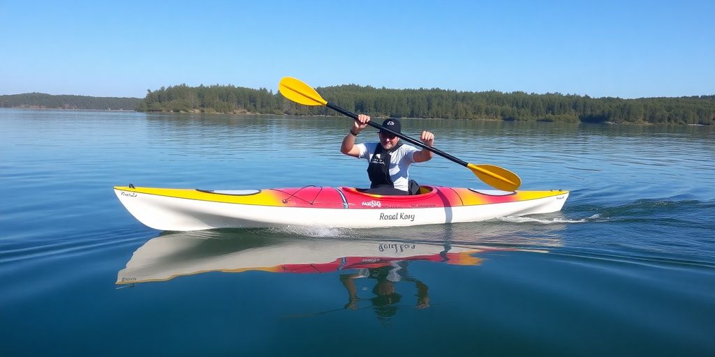 Paddler demonstrating kayak rolling technique on calm water.