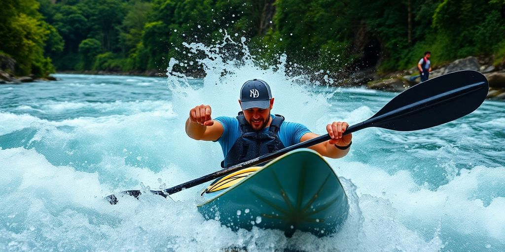 Kayaker navigating rapids in a vibrant natural setting.