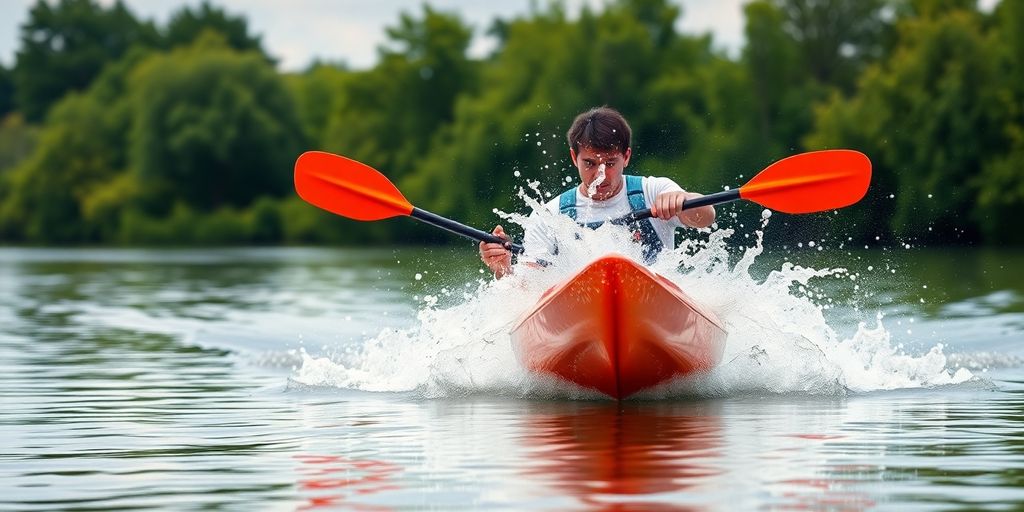 Kayaker paddling through calm water surrounded by greenery.