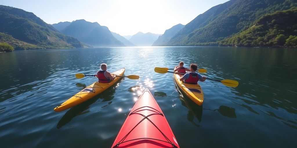 Adventurers kayaking on a sunny lake surrounded by mountains.