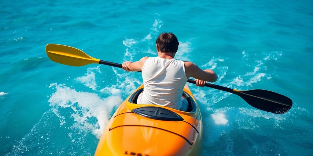 Kayaker paddling through blue waters with green landscape.