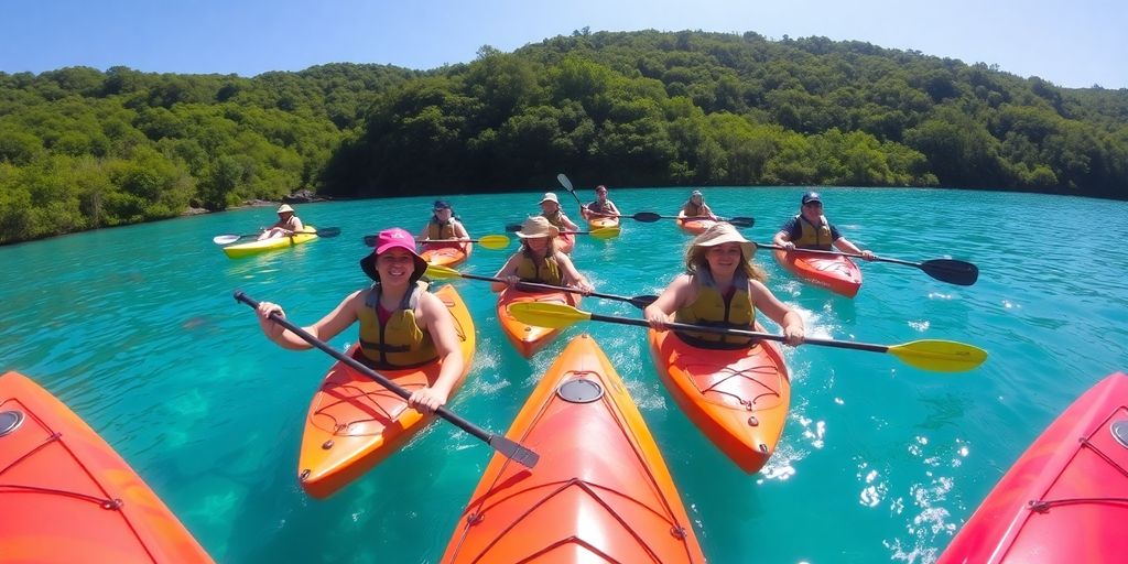 Group of kayakers paddling on a sunny day.