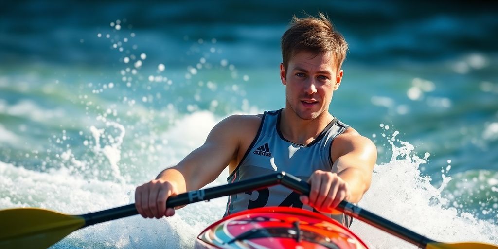 Kayak racer training in rough water with intense focus.