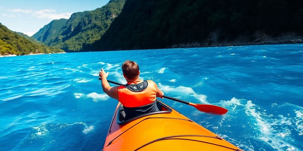 Kayaker paddling in blue waters surrounded by greenery.