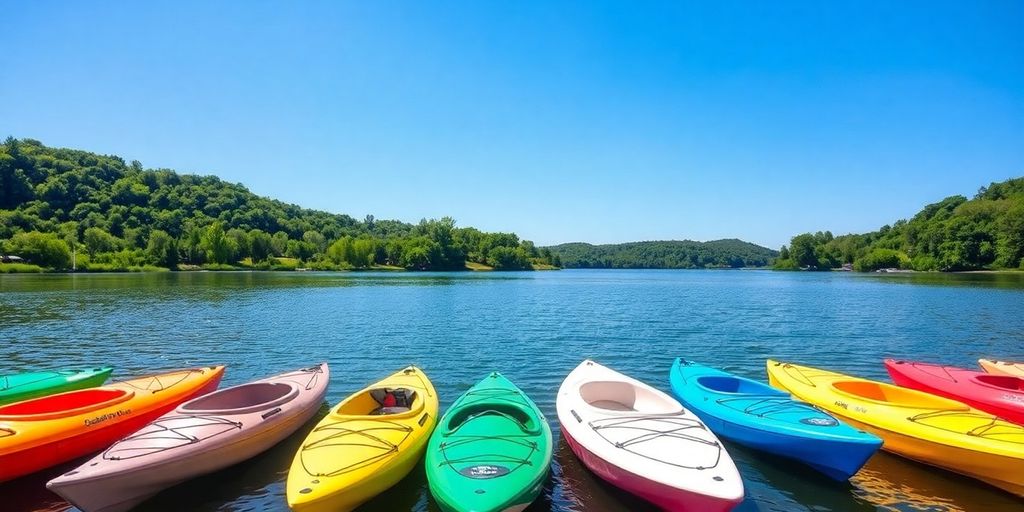 Colorful kayaks on a calm lake with greenery.