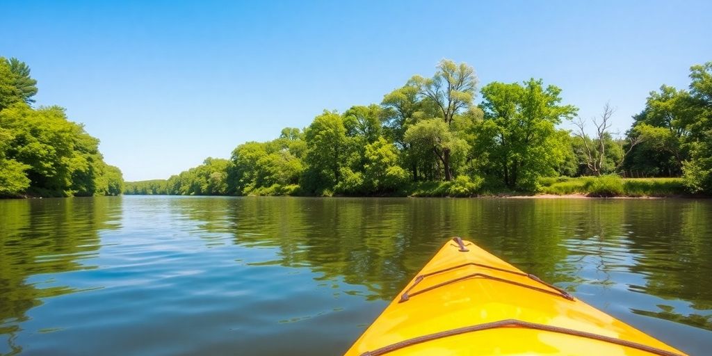 A kayak on a peaceful river surrounded by greenery.