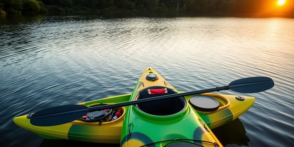 Vibrant kayak on a serene lake with upgraded gear.