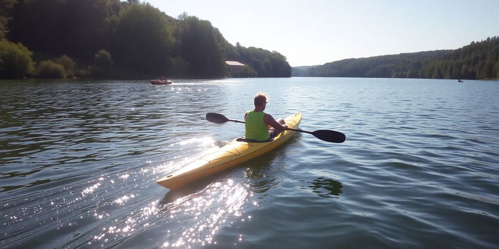 Person kayaking on a calm lake surrounded by greenery.