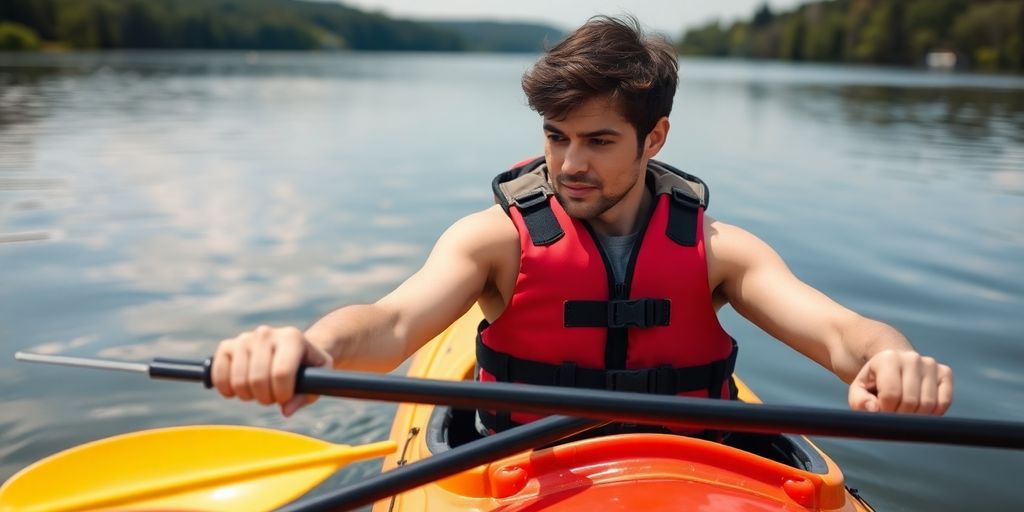 Beginner kayaking exercises on a serene lake.