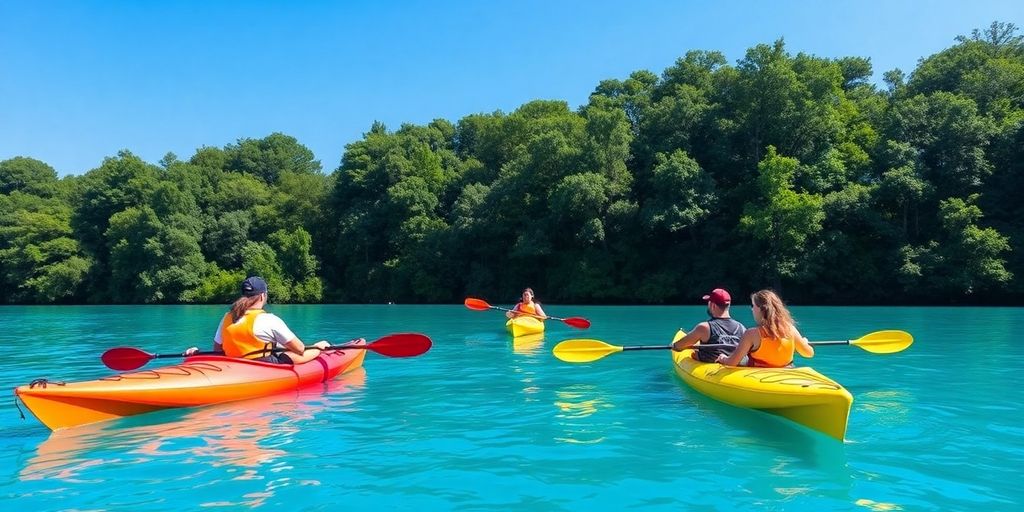 Kayakers paddling on calm water surrounded by greenery.