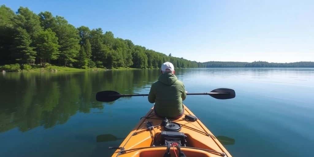 Person kayaking on a lake with fishing gear visible.