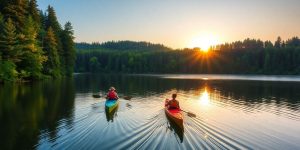 Kayakers paddling on a tranquil lake at sunset.