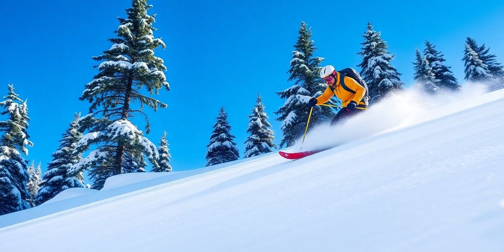 Skier navigating fresh snow on a winter mountain.