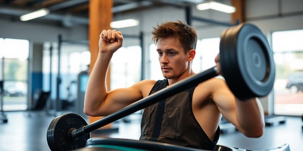 Kayaker training with weights in a gym setting.