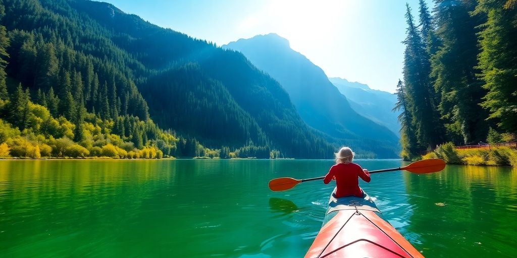 Kayaker paddling in a national park surrounded by greenery.