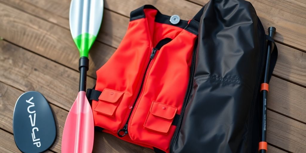 Colorful kayak accessories on a wooden surface.