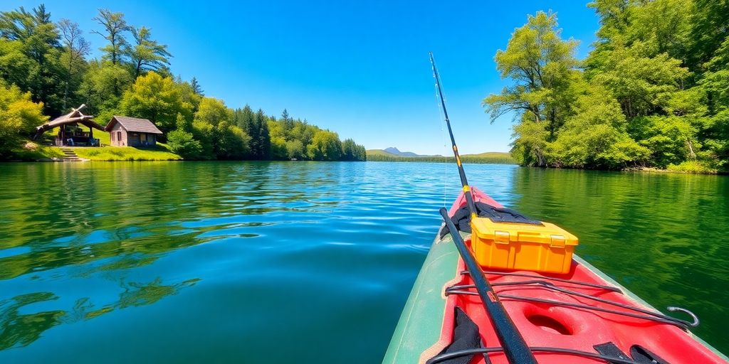 A kayak with fishing gear on a calm lake.