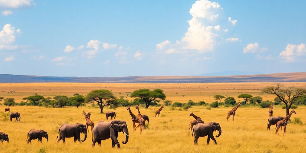 Tanzania's Serengeti with wildlife and acacia trees.