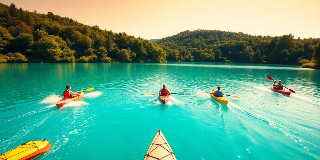 Colorful kayaks on a clear blue lake.