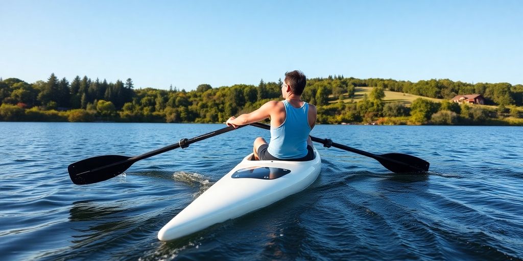 Person kayaking on a lake, demonstrating rowing technique.