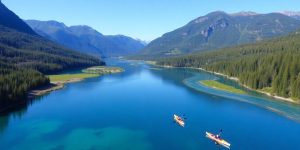 Kayakers on tranquil lakes and rivers in nature.