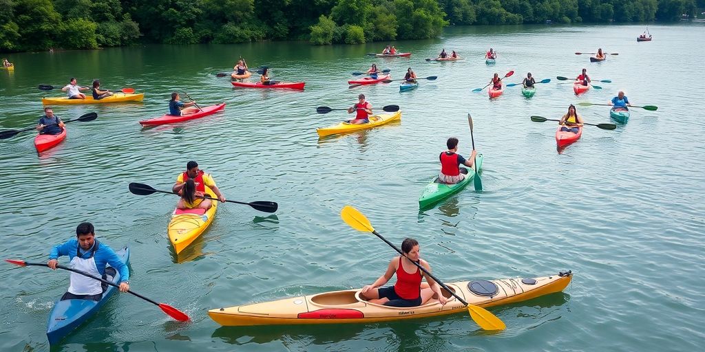 Diverse paddlers exercising on calm waters in nature.