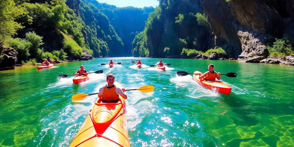 Kayakers paddling through clear waters surrounded by nature.