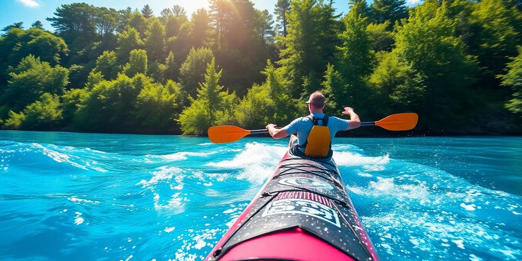 Kayaker paddling through clear blue waters amidst nature.