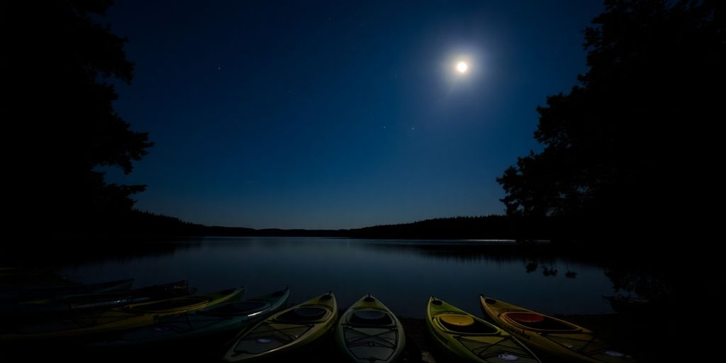 Overnight kayaks on a calm lake under stars.