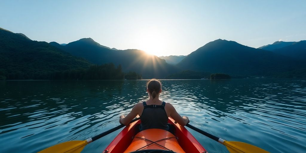 Person kayaking on a calm lake at sunset.