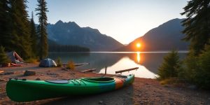 Campsite by a lake with a kayak at sunrise.