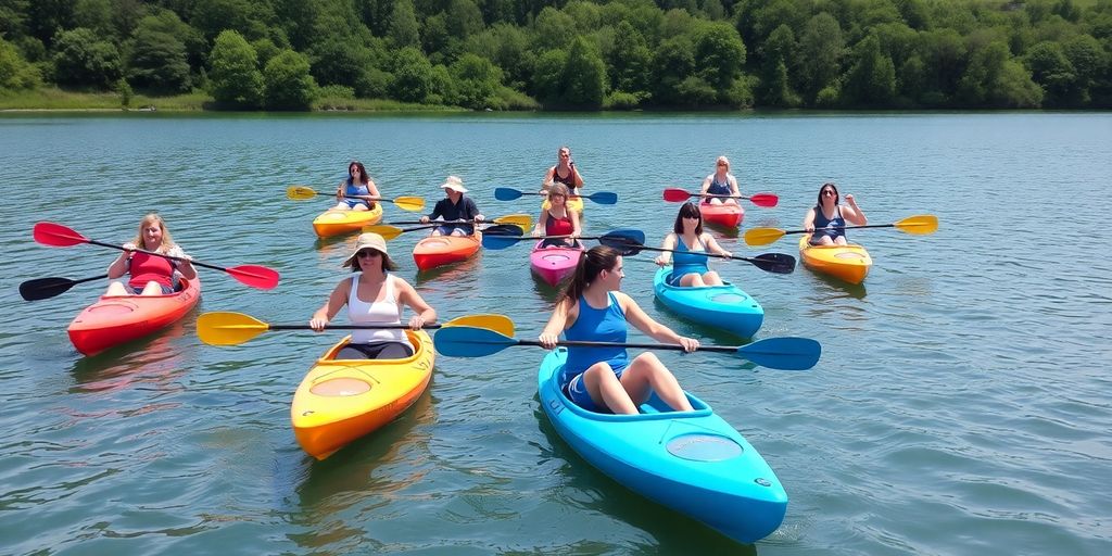 Group of kayakers on a calm lake surrounded by nature.