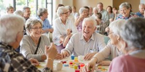 Seniors enjoying activities in a lively community setting.