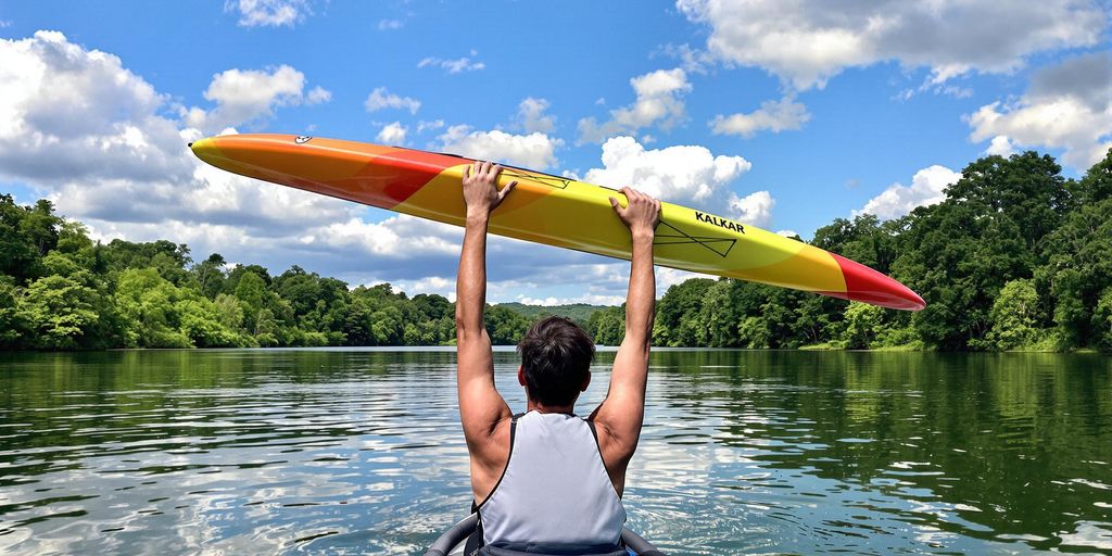 A person lifting a kayak over their head outdoors.