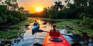 Kayakers in the Everglades at sunset.