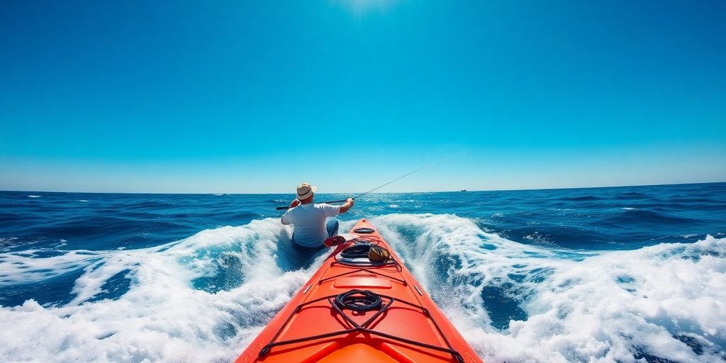 Kayaker fishing in deep blue water under clear sky.