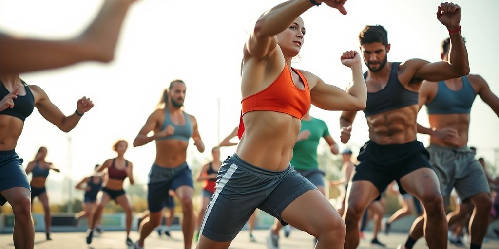 Athletes performing aerobic exercises in an energetic outdoor setting.