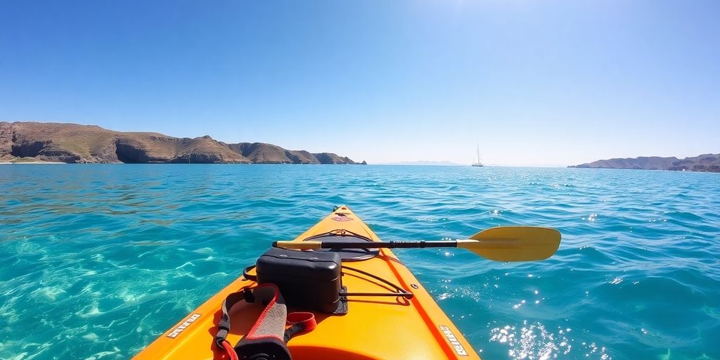 A colorful kayak on clear blue water.