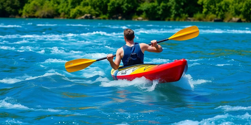 A kayaker skillfully paddling through vibrant waters.